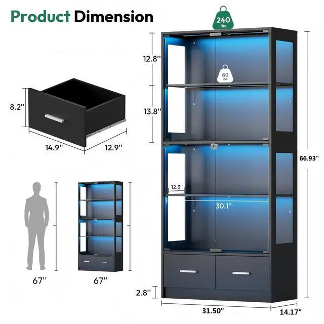 Alt view image 4 of 6 - 67" Glass Display Cabinet - Seal Strip Display Case with Lock & RGB LED Lights for Collectibles, 2 Drawers Curio Cabinet for Living Room, Office, Black