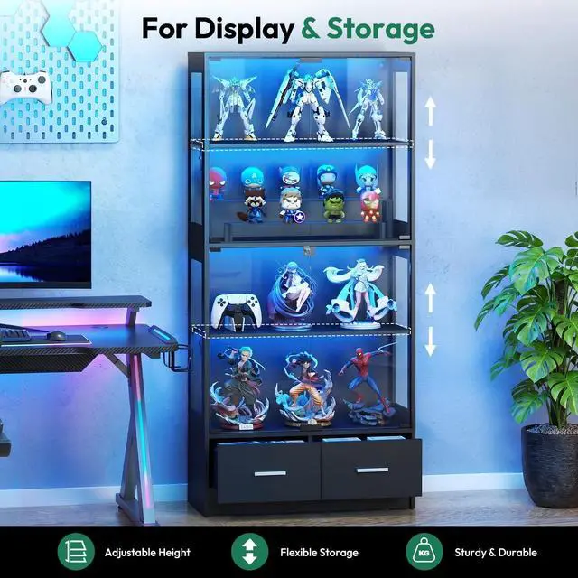 Alt view image 6 of 6 - 67" Glass Display Cabinet - Seal Strip Display Case with Lock & RGB LED Lights for Collectibles, 2 Drawers Curio Cabinet for Living Room, Office, Black