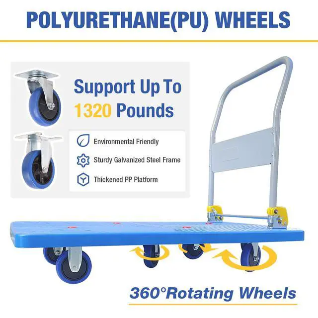 Alt view image 4 of 6 - 1320lbs Flatbed Cart - Heavy Duty Foldable Platform Hand Truck with 360°Swivel Wheels Loading & Storage