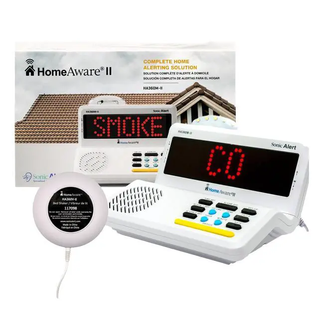 Alt view image 2 of 6 - HomeAware® II Basic Starter Kit Alerting System for Deaf/Hard of Hearing/Heavy Sleepers Listens to Your Existing Smoke & CO Alarms Bed Shaker, Strobe, Scrolling Display, Caller ID