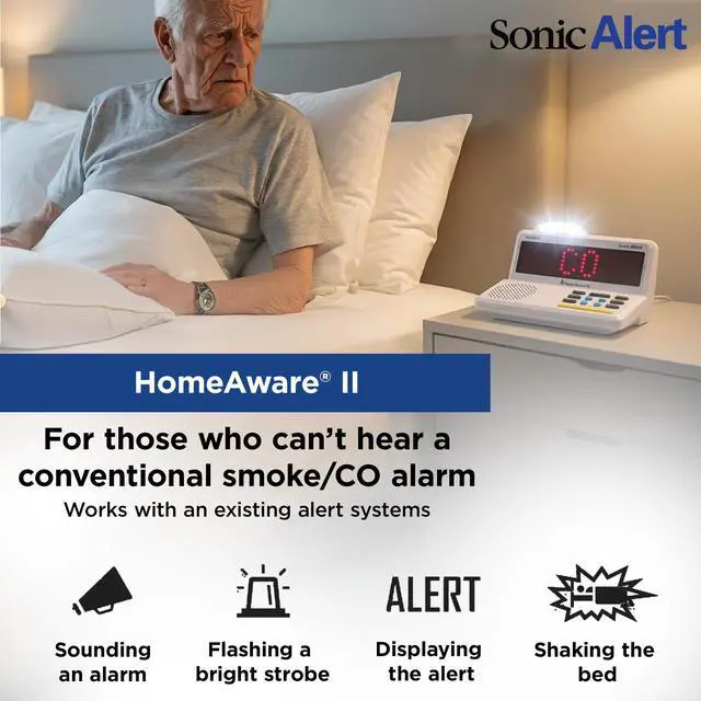 Alt view image 3 of 6 - HomeAware® II Basic Starter Kit Alerting System for Deaf/Hard of Hearing/Heavy Sleepers Listens to Your Existing Smoke & CO Alarms Bed Shaker, Strobe, Scrolling Display, Caller ID