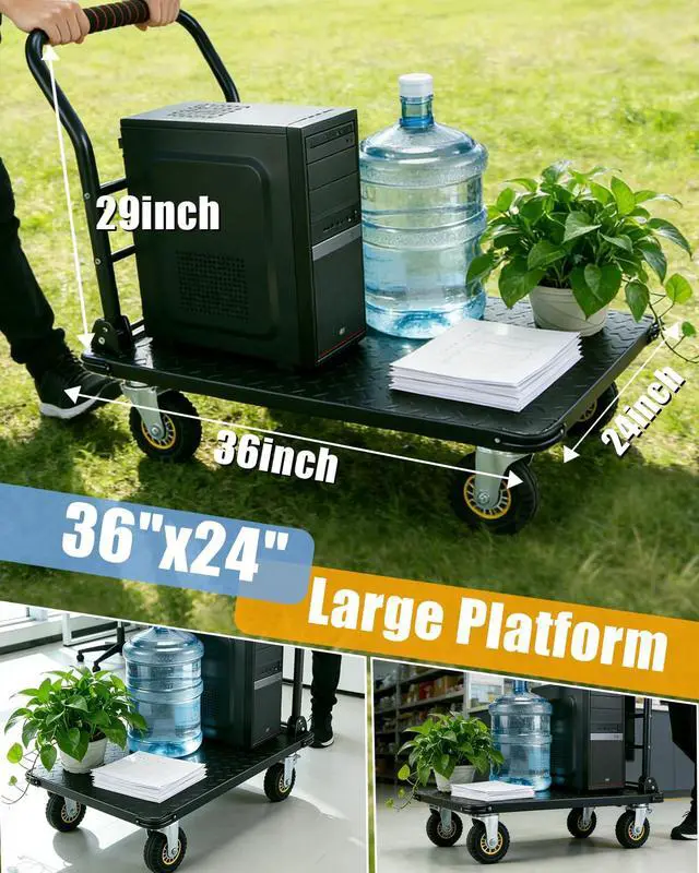 Alt view image 3 of 6 - Heavy Duty Platform Truck Cart, 1800LBS Capacity Steel Flatbed Dolly, 36"x24" Large Utility Cart with 6" Swivel Wheels with Brakes, Foldable Hand Truck for Warehouse, Garage, Shipping & Moving