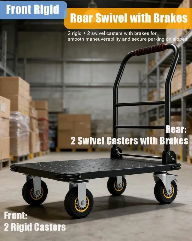 Alt view image 4 of 6 - Heavy Duty Platform Truck Cart, 1800LBS Capacity Steel Flatbed Dolly, 36"x24" Large Utility Cart with 6" Swivel Wheels with Brakes, Foldable Hand Truck for Warehouse, Garage, Shipping & Moving