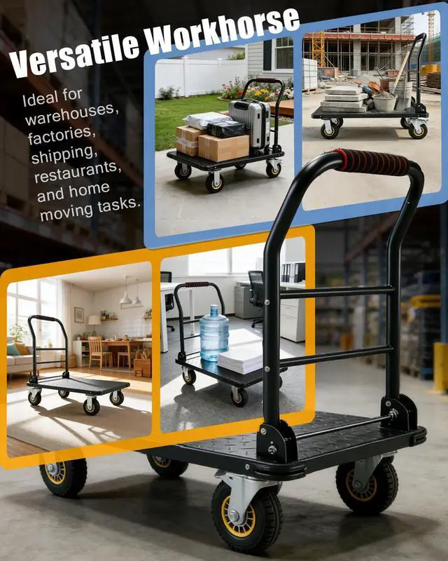 Alt view image 5 of 6 - Heavy Duty Platform Truck Cart, 1800LBS Capacity Steel Flatbed Dolly, 36"x24" Large Utility Cart with 6" Swivel Wheels with Brakes, Foldable Hand Truck for Warehouse, Garage, Shipping & Moving
