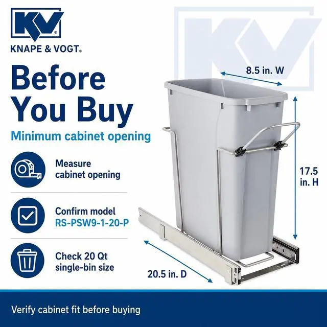 Alt view image 5 of 6 - in-Cabinet Pull Out Trash Can, 20-Qt., Bottom-Mount Cabinet Installation, Requires Min 8-in Opening, 20.5 in x 8.5 in x 17.5 in, RS-PSW9-1-20-P, Platinum