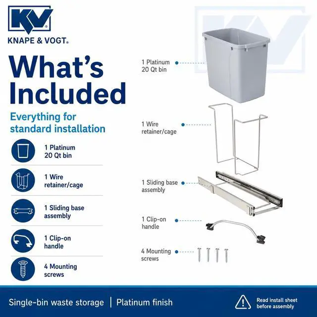 Alt view image 6 of 6 - in-Cabinet Pull Out Trash Can, 20-Qt., Bottom-Mount Cabinet Installation, Requires Min 8-in Opening, 20.5 in x 8.5 in x 17.5 in, RS-PSW9-1-20-P, Platinum