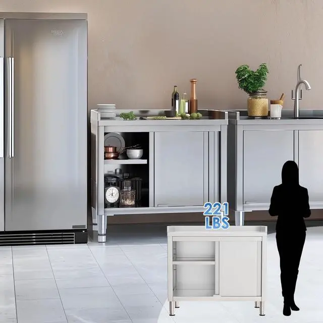 Alt view image 2 of 6 - Stainless Steel Cabinet with Baffle 39"x20", Commercial Kitchen Work Table for Prep&Work, Kitchen Cabinet with Sliding Doors,Heavy Duty Prep Table for Restaurant,Garage,Warehouse