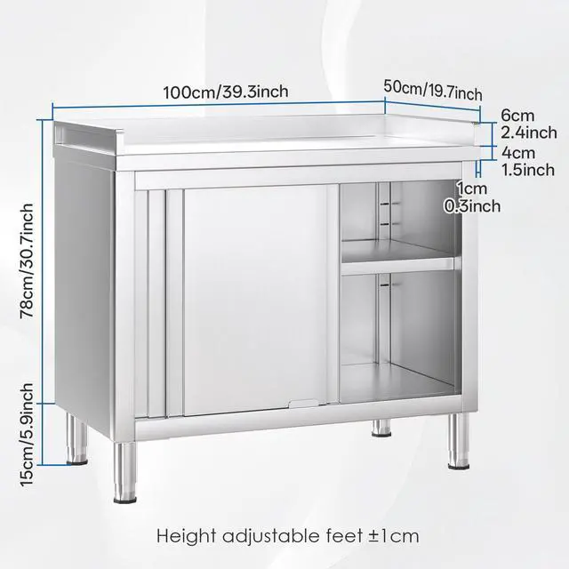 Alt view image 3 of 6 - Stainless Steel Cabinet with Baffle 39"x20", Commercial Kitchen Work Table for Prep&Work, Kitchen Cabinet with Sliding Doors,Heavy Duty Prep Table for Restaurant,Garage,Warehouse