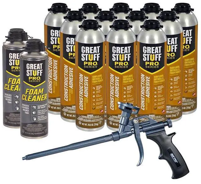 Main image of Construction Adhesive for Wall & Floor 26.5oz, Polyurethane Foam Adhesive for Subfloors, Drywall & Foam Panels, One Component, Off White, Pack of 12 with Applicator (PTFE Coated Gun)