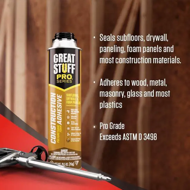 Alt view image 3 of 5 - Construction Adhesive for Wall & Floor 26.5oz, Polyurethane Foam Adhesive for Subfloors, Drywall & Foam Panels, One Component, Off White, Pack of 12 with Applicator (PTFE Coated Gun)