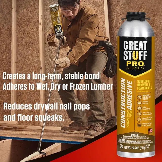 Alt view image 4 of 5 - Construction Adhesive for Wall & Floor 26.5oz, Polyurethane Foam Adhesive for Subfloors, Drywall & Foam Panels, One Component, Off White, Pack of 12 with Applicator (PTFE Coated Gun)