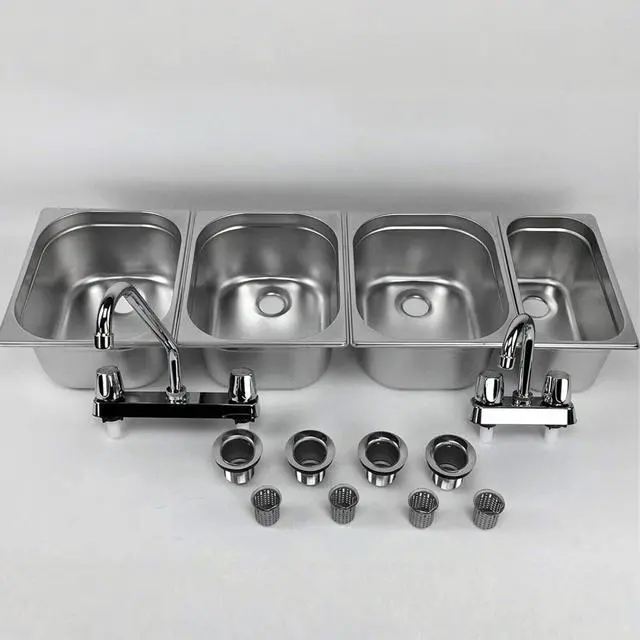 Main image of 3 Large + 1 Small Hand Washing- 4 Compartment Drop-in Stainless Steel Sink | Portable 3 Large + 1 Small sink with Dual faucet, bar drains, & basket strainers included. for food truck & concession stan
