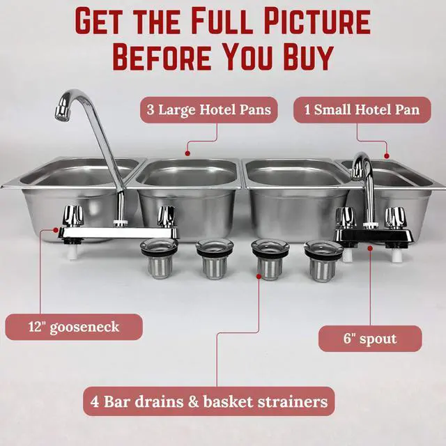 Alt view image 5 of 6 - 3 Large + 1 Small Hand Washing- 4 Compartment Drop-in Stainless Steel Sink | Portable 3 Large + 1 Small sink with Dual faucet, bar drains, & basket strainers included. for food truck & concession stan