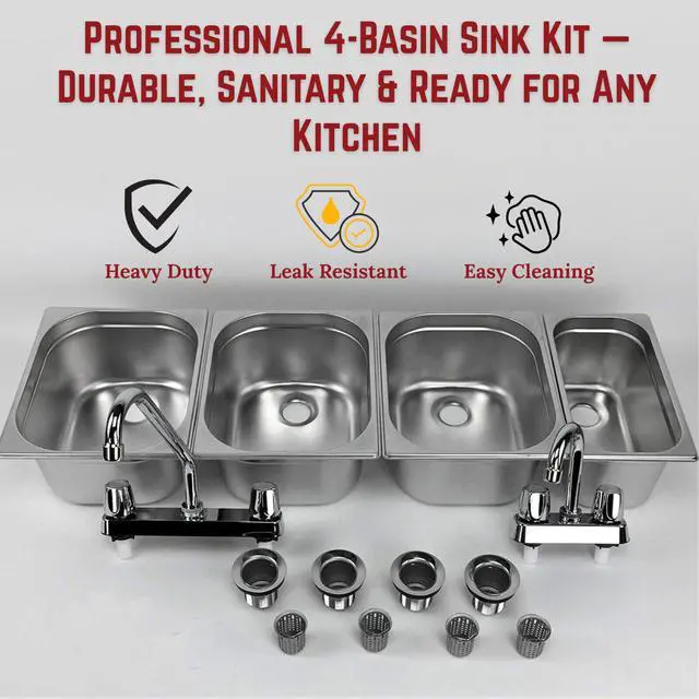 Alt view image 6 of 6 - 3 Large + 1 Small Hand Washing- 4 Compartment Drop-in Stainless Steel Sink | Portable 3 Large + 1 Small sink with Dual faucet, bar drains, & basket strainers included. for food truck & concession stan