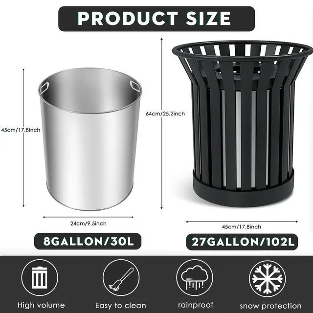 Alt view image 2 of 6 - 25.2IN Large Round Large Outdoor Trash Can, Heavy Duty Metal Slatted Garbage Can Outdoor, All Weather Resistant Commercial Garbage Cans, Waste Receptacle in Park, School, Beach, Patio Black
