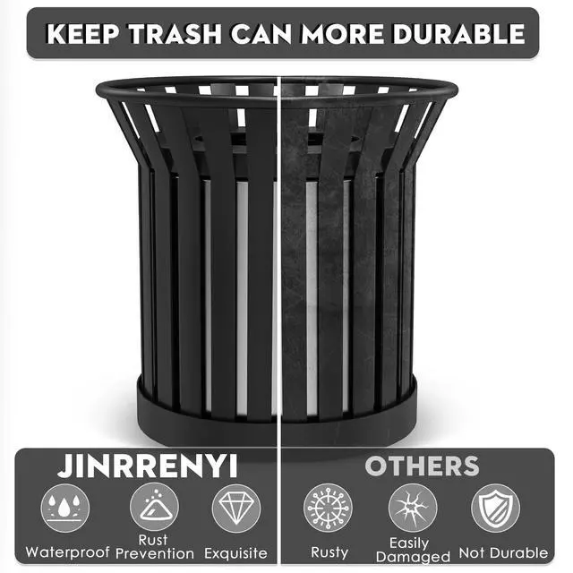 Alt view image 3 of 6 - 25.2IN Large Round Large Outdoor Trash Can, Heavy Duty Metal Slatted Garbage Can Outdoor, All Weather Resistant Commercial Garbage Cans, Waste Receptacle in Park, School, Beach, Patio Black