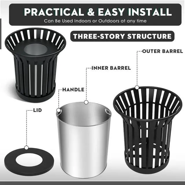 Alt view image 4 of 6 - 25.2IN Large Round Large Outdoor Trash Can, Heavy Duty Metal Slatted Garbage Can Outdoor, All Weather Resistant Commercial Garbage Cans, Waste Receptacle in Park, School, Beach, Patio Black