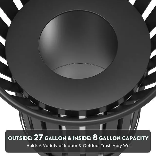 Alt view image 6 of 6 - 25.2IN Large Round Large Outdoor Trash Can, Heavy Duty Metal Slatted Garbage Can Outdoor, All Weather Resistant Commercial Garbage Cans, Waste Receptacle in Park, School, Beach, Patio Black