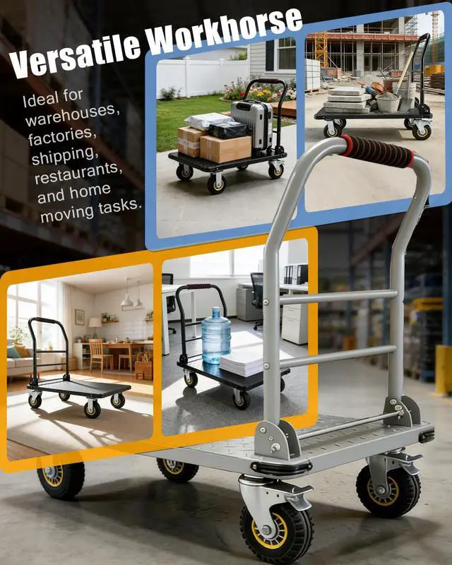 Alt view image 3 of 6 - Heavy Duty Platform Truck Cart, 1800LBS Capacity Steel Flatbed Dolly, 36"x24" Large Utility Cart with 6" Swivel Wheels with Brakes, Foldable Hand Truck for Warehouse, Garage, Shipping & Moving