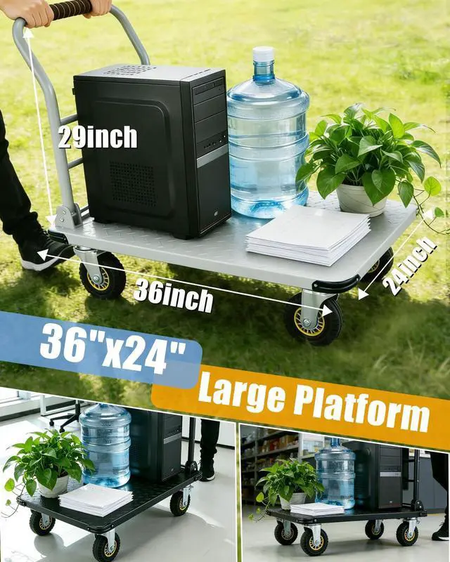Alt view image 4 of 6 - Heavy Duty Platform Truck Cart, 1800LBS Capacity Steel Flatbed Dolly, 36"x24" Large Utility Cart with 6" Swivel Wheels with Brakes, Foldable Hand Truck for Warehouse, Garage, Shipping & Moving