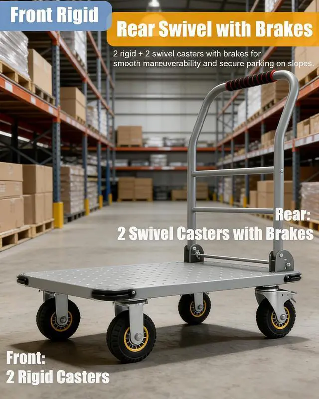 Alt view image 5 of 6 - Heavy Duty Platform Truck Cart, 1800LBS Capacity Steel Flatbed Dolly, 36"x24" Large Utility Cart with 6" Swivel Wheels with Brakes, Foldable Hand Truck for Warehouse, Garage, Shipping & Moving