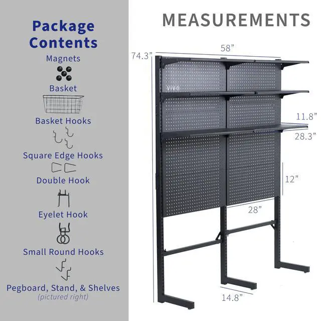 Alt view image 3 of 6 - Freestanding Modular Steel Pegboard System, 74 inch High Magnetic Accessory Organizer for Home and Office, Black, PP-2-PB058