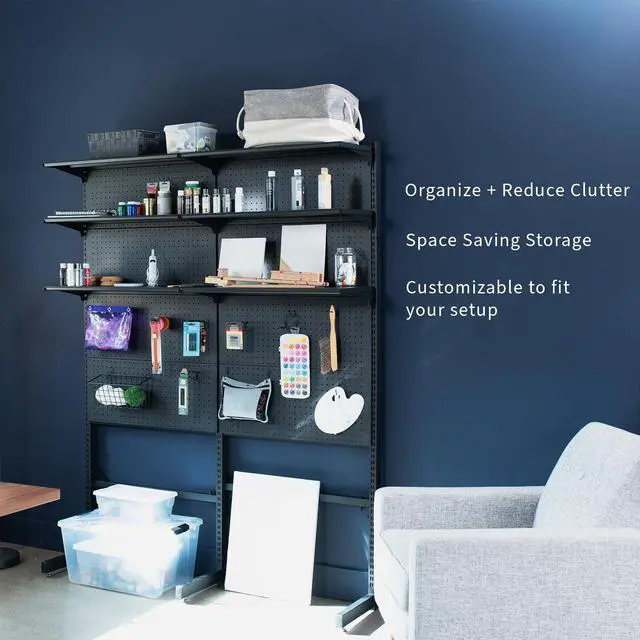 Alt view image 4 of 6 - Freestanding Modular Steel Pegboard System, 74 inch High Magnetic Accessory Organizer for Home and Office, Black, PP-2-PB058