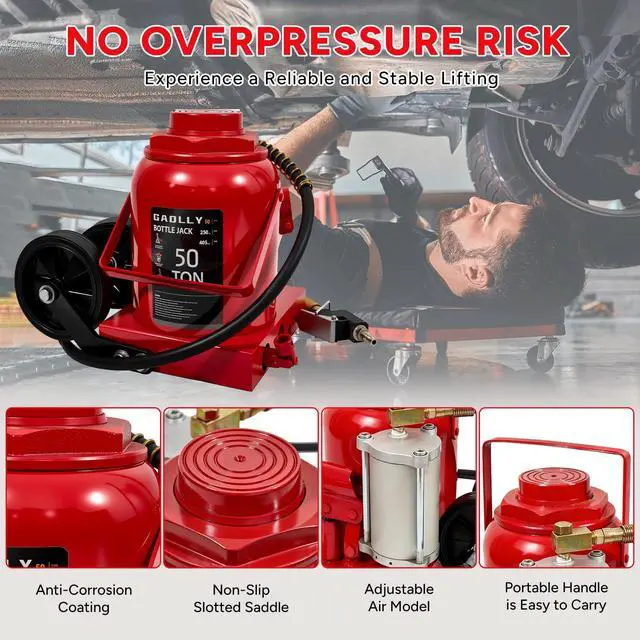 Alt view image 5 of 6 - Air Hydraulic Bottle Jack, 50 Ton (110000) lbs Hydraulic Bottle Jack with 10.43''-19.88'' Lifting Range & Manual Hand Pump, for Pickup, Truck, RV, Auto Repair