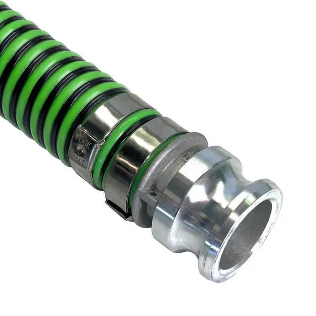 Alt view image 5 of 6 - Heavy Duty EPDM All Weather Suction Hose Assembly, Black Tube, Lime Green Helix, 1-1/2" Inside Diameter Hose with Male x Female Cam and Groove Fittings Installed, 25 ft Length