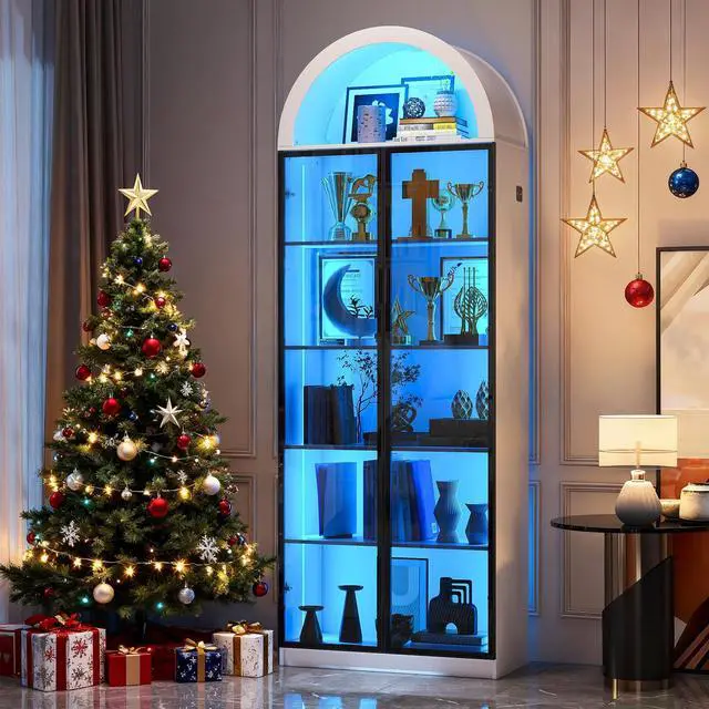 Main image of Display Cabinet with Doors and Adjustable Shelves, 76" Tall Display Case with LED Lights/Arch Storage Space, 6 Tier Bookcase for Collectibles Bedroom Living Room Office, White