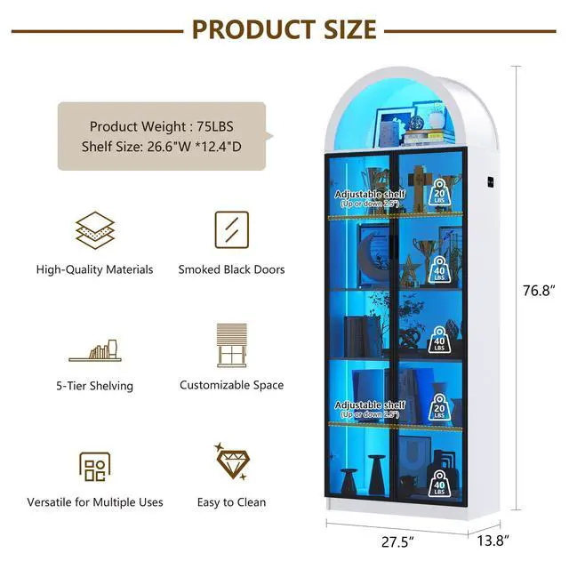 Alt view image 2 of 6 - Display Cabinet with Doors and Adjustable Shelves, 76" Tall Display Case with LED Lights/Arch Storage Space, 6 Tier Bookcase for Collectibles Bedroom Living Room Office, White