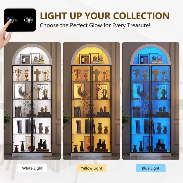 Alt view image 3 of 6 - Display Cabinet with Doors and Adjustable Shelves, 76" Tall Display Case with LED Lights/Arch Storage Space, 6 Tier Bookcase for Collectibles Bedroom Living Room Office, White