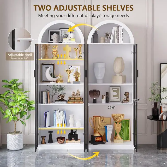 Alt view image 5 of 6 - Display Cabinet with Doors and Adjustable Shelves, 76" Tall Display Case with LED Lights/Arch Storage Space, 6 Tier Bookcase for Collectibles Bedroom Living Room Office, White