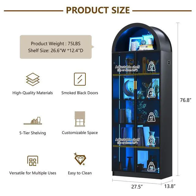 Alt view image 2 of 6 - Arch Display Cabinet with Doors and Adjustable Shelves, 76" Tall Curio Cabinet with LED Lights/Storage Space, 6 Tier Display Case Bookcase for Collectibles Bedroom Living Room Office, Black