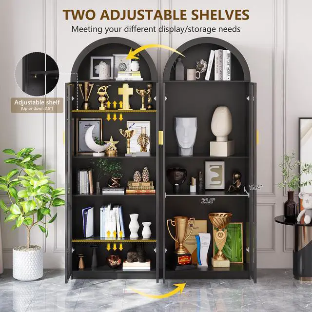Alt view image 5 of 6 - Arch Display Cabinet with Doors and Adjustable Shelves, 76" Tall Curio Cabinet with LED Lights/Storage Space, 6 Tier Display Case Bookcase for Collectibles Bedroom Living Room Office, Black