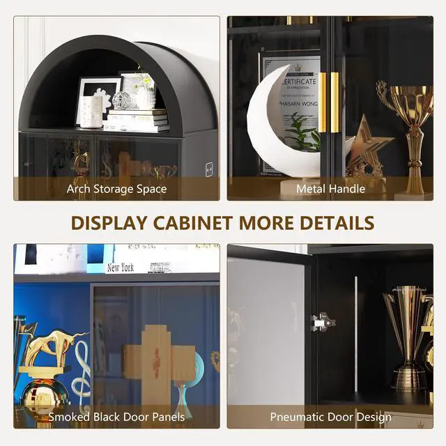 Alt view image 6 of 6 - Arch Display Cabinet with Doors and Adjustable Shelves, 76" Tall Curio Cabinet with LED Lights/Storage Space, 6 Tier Display Case Bookcase for Collectibles Bedroom Living Room Office, Black