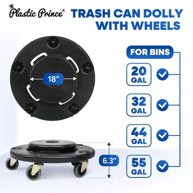 Alt view image 2 of 6 - Trash Can Dolly with Wheels Black Garbage Can Wheels Transports 20 Gallon 32 Gallon 44 Gallon and 55 Gallon Brute Trash Can Dolly for Restaurants Offices Commercial Environments, 3 Pack