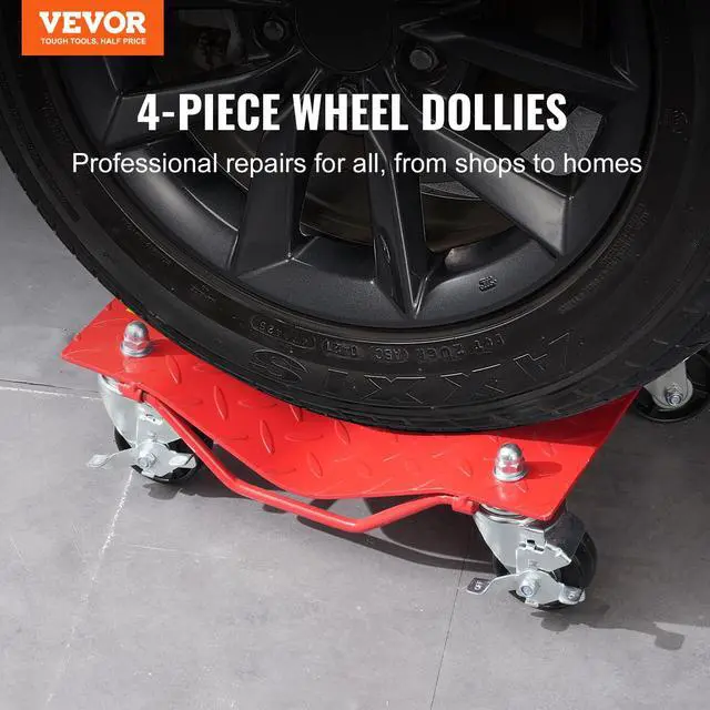 Alt view image 2 of 6 - Wheel Dolly, 8000 lbs Capacity Heavy-Duty Steel Car Mover, Wheel Dolly Car Tire Stake Set with Brakes, Vehicle Moving Cart Moving Cars, Trucks, Trailers, Motorcycles, and Boats, Set of 4, Red