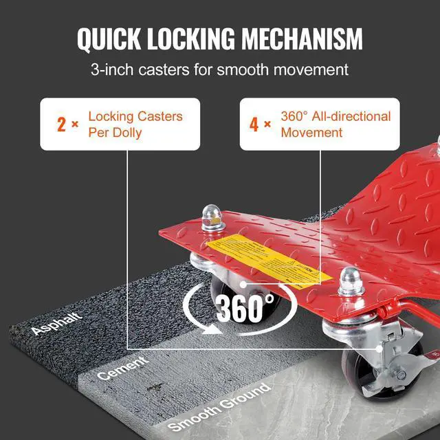 Alt view image 4 of 6 - Wheel Dolly, 8000 lbs Capacity Heavy-Duty Steel Car Mover, Wheel Dolly Car Tire Stake Set with Brakes, Vehicle Moving Cart Moving Cars, Trucks, Trailers, Motorcycles, and Boats, Set of 4, Red