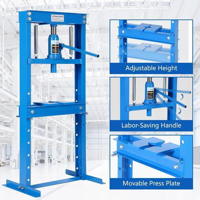 Alt view image 3 of 6 - 12-Ton Hydraulic h-Frame Shop Press with Adjustable Worktable & Press Plates | Heavy-Duty Press for Bending Straightening Bearing Installation | Ideal for Auto Repair Garages & Workshops,Blue