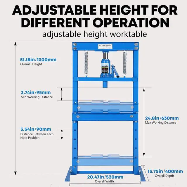Alt view image 4 of 6 - 12-Ton Hydraulic h-Frame Shop Press with Adjustable Worktable & Press Plates | Heavy-Duty Press for Bending Straightening Bearing Installation | Ideal for Auto Repair Garages & Workshops,Blue
