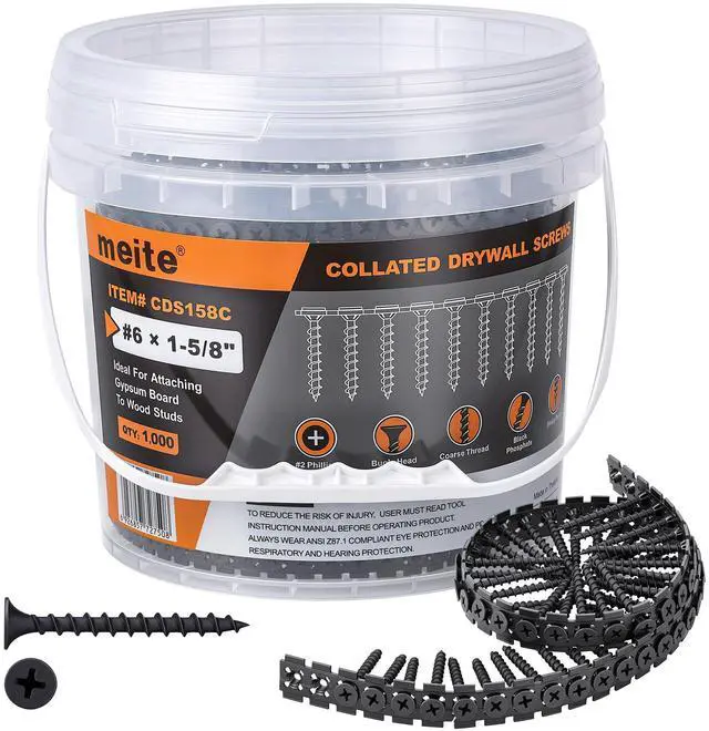 Main image of Collated Drywall Screw #6 x 1-5/8 inch Coarse Thread Drywall to Wood Screws for Gypsum Board Partition Wall Ceiling Sheetrock 1000 Count, 8 Buckets