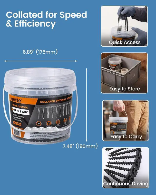 Alt view image 6 of 6 - Collated Drywall Screw #6 x 1-5/8 inch Coarse Thread Drywall to Wood Screws for Gypsum Board Partition Wall Ceiling Sheetrock 1000 Count, 8 Buckets