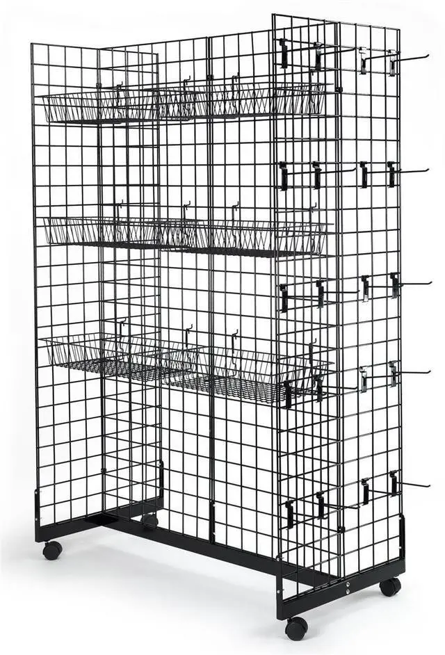 Alt view image 3 of 6 - Gridwall Panel Display Fixture with Gondola Base - Black Grid Gondola Unit with Casters