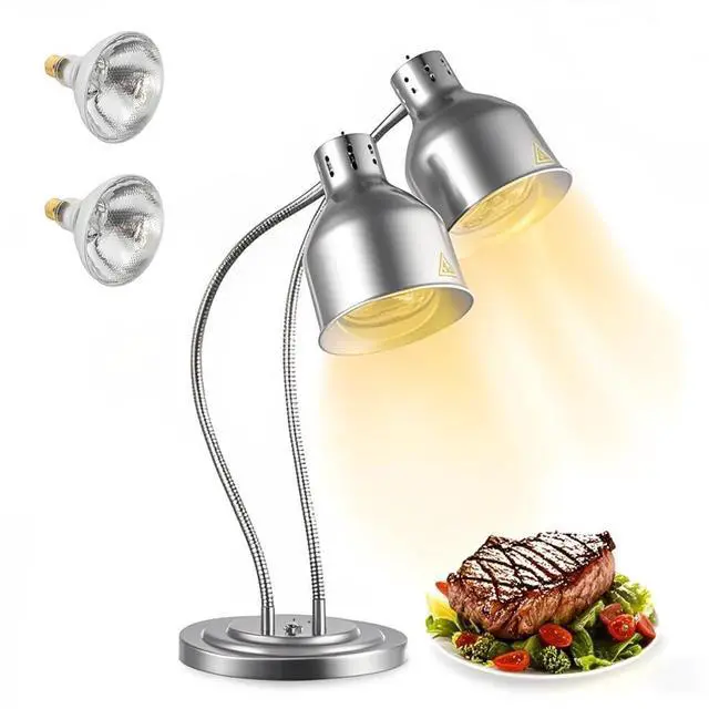 Main image of Food Heat Lamp 2-Head Electric Heating Lamp 500W Commercial Food Warmer Lamp for Food Electric Warming Lights for Restaurant, Buffet, Catering, Kitchen & Home Use (Silver)