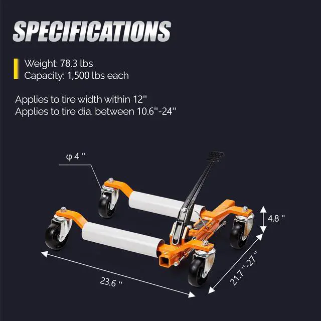 Alt view image 6 of 6 - Car Wheel Dolly Jack Set of 2, Mechanical 3000-lbs Car Skates, 12'' Wheel Vehicle Positioning Jack, Heavy Duty Rollers with Ratcheting Foot Pedal for Tire Auto Repair Moving, Orange