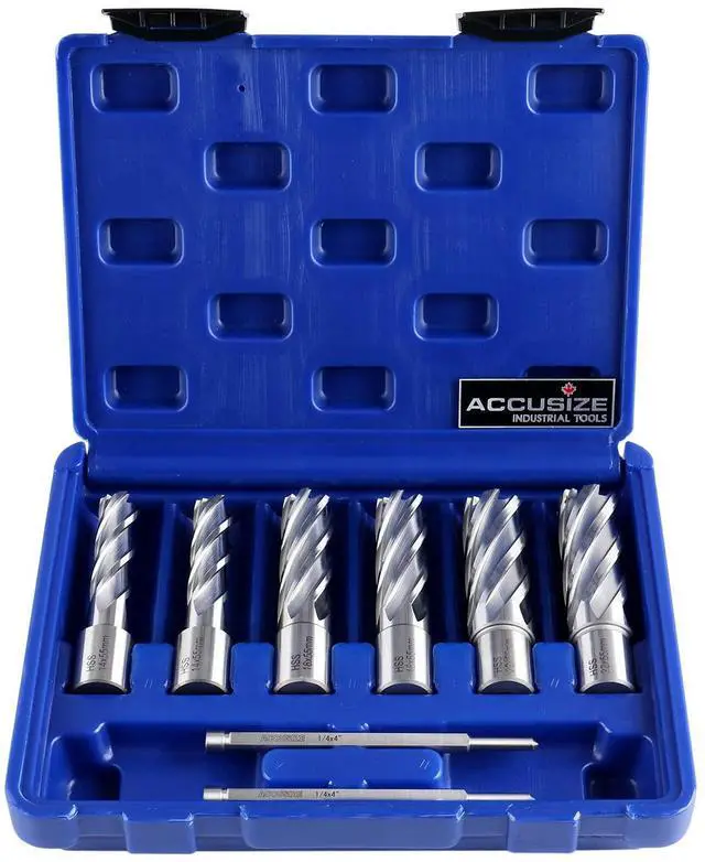 Main image of Accusize HSS Annular Cutter Set, 0519-0055 | 14, 18, 22mm C.D.; 55mm Cut Depth, 19.05mm Weldon Shank, 8 Pcs