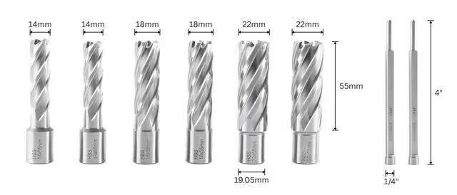 Alt view image 2 of 6 - Accusize HSS Annular Cutter Set, 0519-0055 | 14, 18, 22mm C.D.; 55mm Cut Depth, 19.05mm Weldon Shank, 8 Pcs