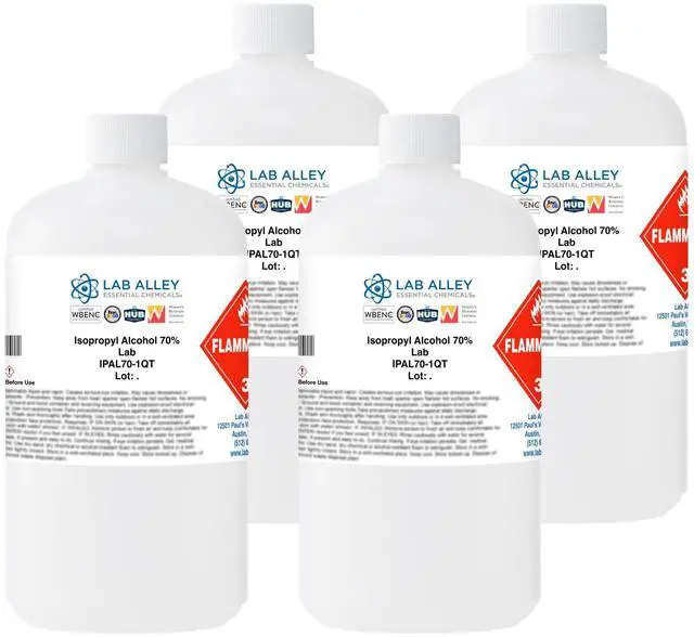 Main image of Isopropyl Alcohol 70% (IPA) Lab Grade, Rubbing Alcohol & Cleaning Solvent for Laboratory, Industrial & Professional Use, Made in USA, 1 Gallon (Pack of 4 x 1 Quart Bottles)