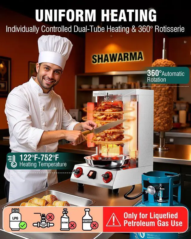 Alt view image 2 of 6 - Shawarma Grill Machine - 22lbs Gas Vertical Rotisserie with Heat Shields and 2 Burners, 122°F to 752°F Stainless Steel Gyro Machine for Chicken, Beef, Party and Commercial Use
